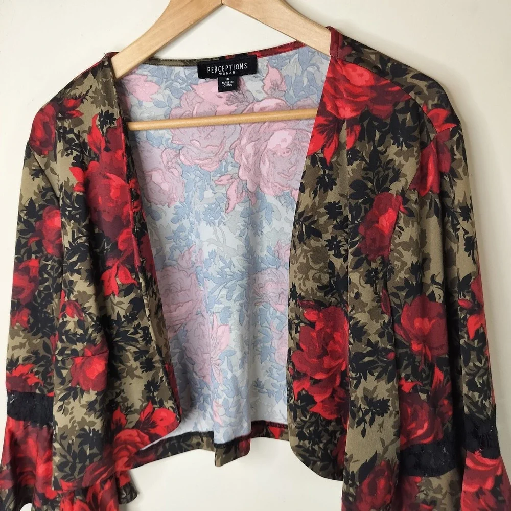 Perceptions Floral Jacket Cardigan Topper Flare Sleeve Lace Inset - Picture 6 of 8